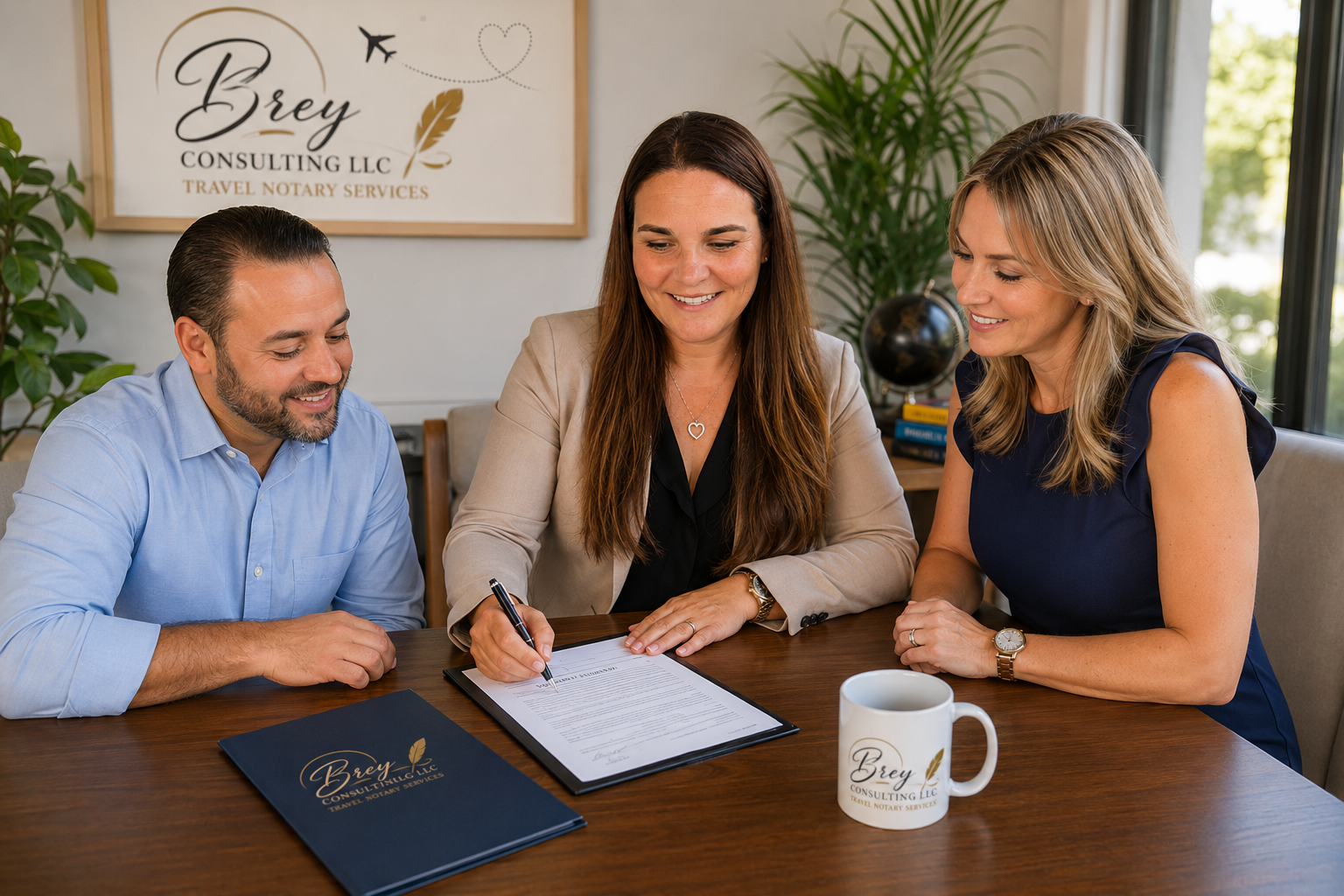 Brey Consulting LLC notary appointment with clients reviewing documents